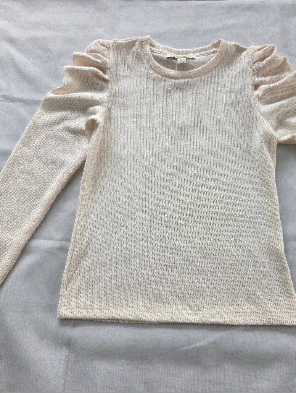 Chelsea & Violet Cream Waffle Knit Crewneck Top Ruched Shoulder Feminine Chic